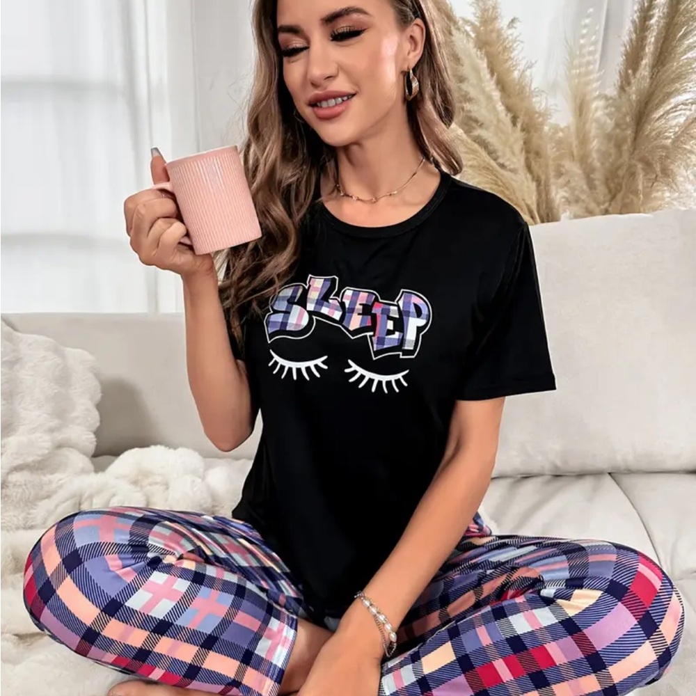 Black Sleepwear Set with Plaid Pants